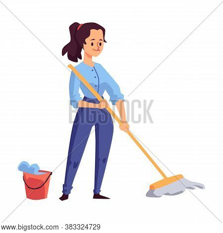Woman Or Young Girl Washing A Floor With Mop, Flat Vector Illustration Isolated.