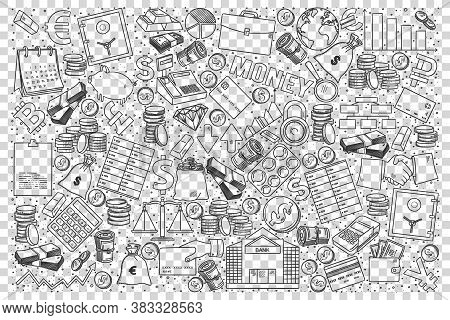 Finance Doodle Set. Collection Of Hand Draw Sketches Templates Patterns Of Business Data, Money Bank
