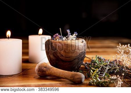Mortar With Dried Healing Herbs, Flowers And Candles, Ritual Purification And Cleansing, Copyspace