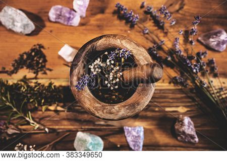 Pulverizing Healing Herbs And Flowers With The Mortar, Esoteric Ingredients For A Therapy, Flatlay