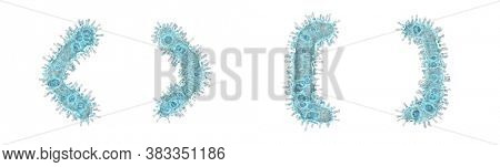 Alphabet made of virus isolated on white background. Symbol left and right angle bracket, left and ridgt square bracket. 3d rendering. Covid font 3d
