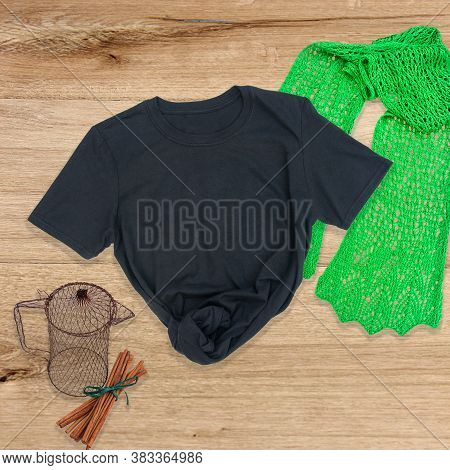 Black Tshirt Mockup For Fashion And Clothing Templates With Copy Space For Text Or Graphics.  Wood F
