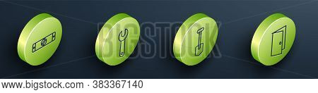 Set Isometric Construction Bubble Level, Wrench Spanner, Shovel And Closed Door Icon. Vector