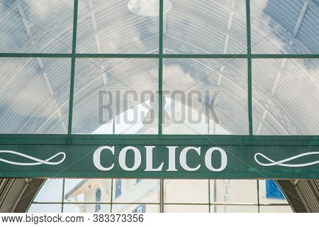 Colico. Lake Como. Italy - July 21, 2019: Ferry Pier in the Commune of Colico. Lombardy. Signboard with Name of the City.