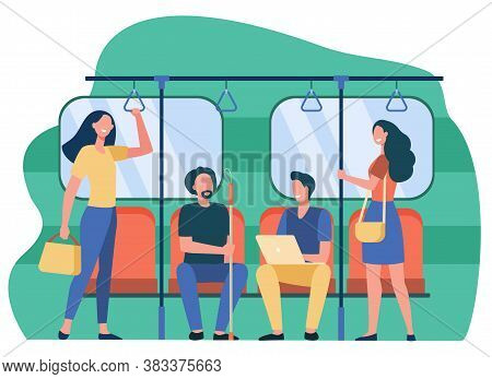 People Traveling By Subway Or Underground Flat Vector Illustration. Cartoon Sitting And Standing In 