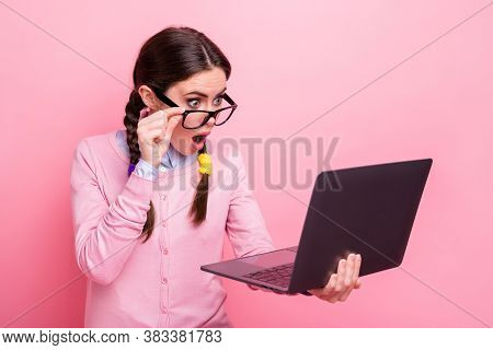 Photo Of Crazy Shocked Student Lady Hold Computer Notebook Hands Read Email Teacher Internet Big Hom
