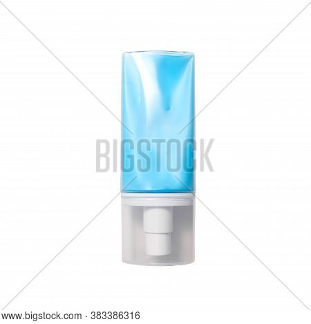 A Blue Plastic Conteiner, Bottle Of Moisturising Cream, Lotion With Dosator And Cap Isolated On Whit