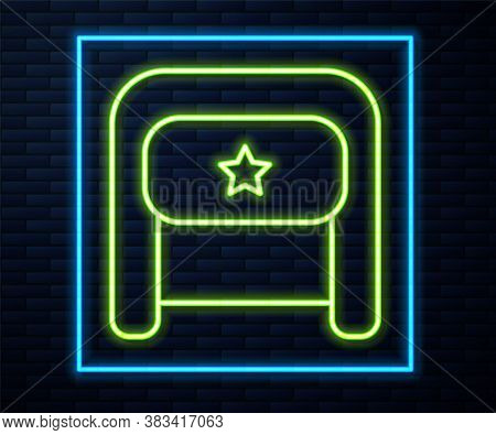 Glowing Neon Line Ushanka Icon Isolated On Brick Wall Background. Russian Fur Winter Hat Ushanka Wit