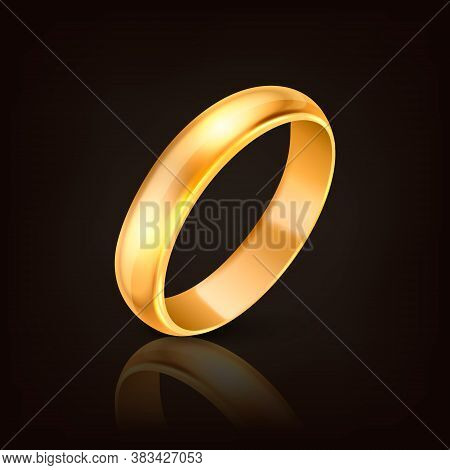 Vector 3d Realistic Gold Metal Wedding Ring Icon With Reflection Closeup Isolated On Dark Black Back
