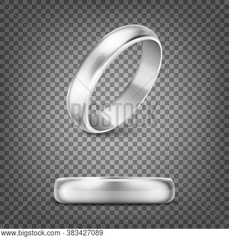Vector 3d Realistic Silver Metal Wedding Ring Icon Set Closeup Isolated On Transparency Grid Backgro