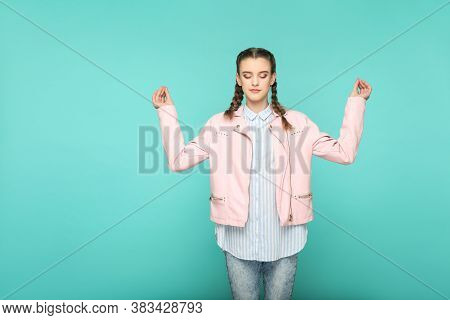 Meditation And Yoga Portrait Of Beautiful Cute Girl Standing With Makeup And Brown Pigtail Hairstyle
