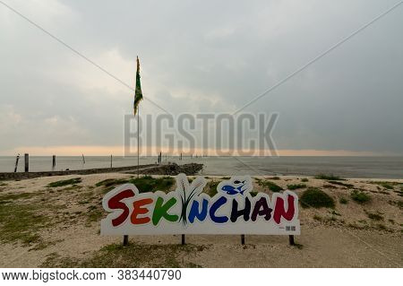 Sekinchan, Selangor/malaysia - Oct 05 2019: Signboard Sekinchan Shown At The Beach.