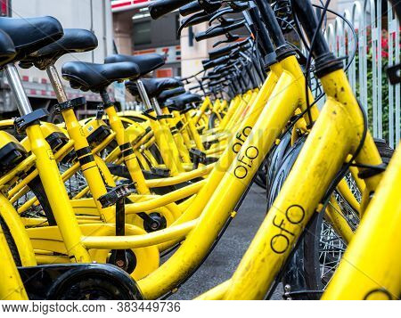Beijing, China - March 27, 2018: Ofo Bikes Is The New Bike Sharing Company In China. Ofo Is A Popula