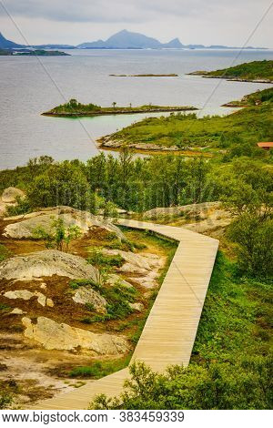 Fjord Landscape From Austnesfjorden Rest Area On Sildpollen Bay. Lofoten Islands Austvagoya, Norway.