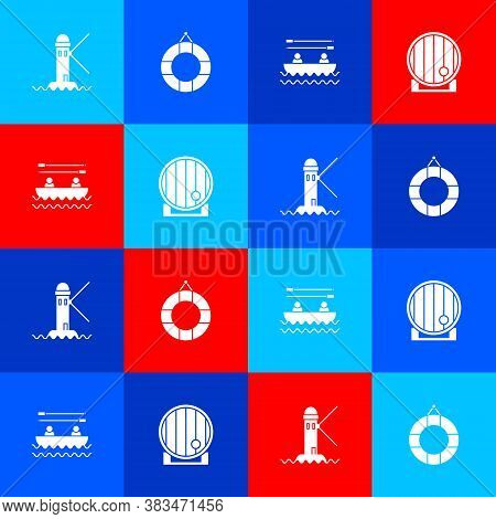 Set Lighthouse, Lifebuoy, Boat With Oars And Wooden Barrel Icon. Vector