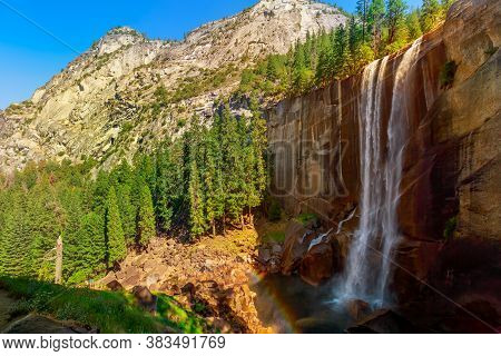 Panorama Of Vernal Fall Waterfall On Merced River From Mist Trail In Yosemite National Park. Summer 