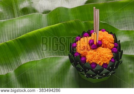 Banana Leaf Krathong That Have 3 Incense Sticks And Candle Decorates With Flowers For Thailand Full 