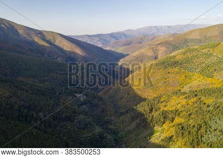 Mountain Nature Landscape Aerial Drone View In Piodao Schist Shale Village In Serra Da Estrela, Port