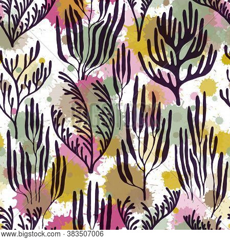 Coral Reef Seamless Pattern. Paint Splashes Drops Watercolor Background. Ocean Bottom Summer Pattern