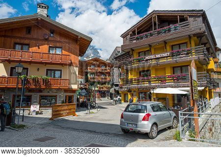 Cervinia, Italy - July 12, 2020: Picturesque Mountain Town Of Cervinia During Summer