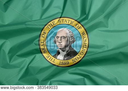 Fabric Flag Of Washington. Crease Of Washington Flag Background, The States Of America. The State Se