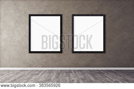 White Posters With Frame On Wall. Mock Up For You Design Preview. Good Use For Advertasing Materials