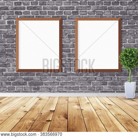 White Posters With Frame On Wall. Mock Up For You Design Preview. Good Use For Advertasing Materials