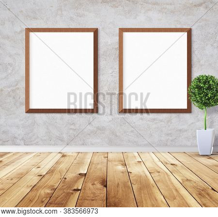 White Posters With Frame On Wall. Mock Up For You Design Preview. Good Use For Advertasing Materials