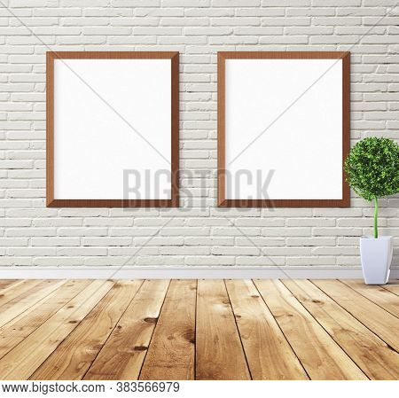 White Posters With Frame On Wall. Mock Up For You Design Preview. Good Use For Advertasing Materials