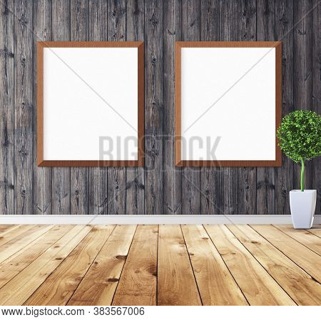 White Posters With Frame On Wall. Mock Up For You Design Preview. Good Use For Advertasing Materials