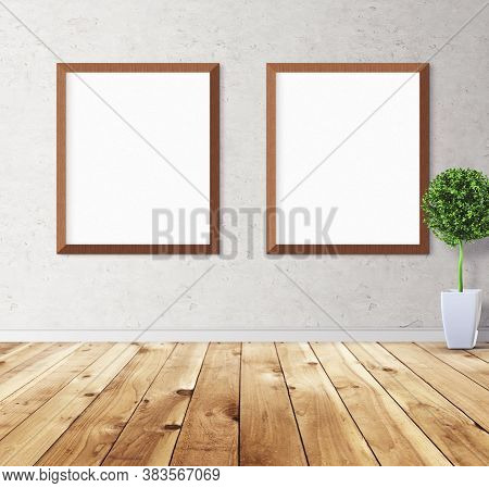 White Posters With Frame On Wall. Mock Up For You Design Preview. Good Use For Advertasing Materials
