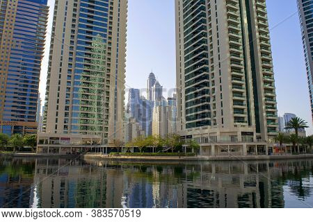 Dubai / Uae - May 26, 2020: Beautiful View Of Jumeirah Lakes Towers Skyscrapers With Artificial Lake