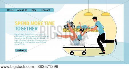 Funny Excited Man Woman Lovers Shopping Together. Boyfriend Rolling Girlfriend In Trolley Cart. Shop