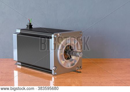 Stepper Motor On Wooden Desk. 3d Rendering