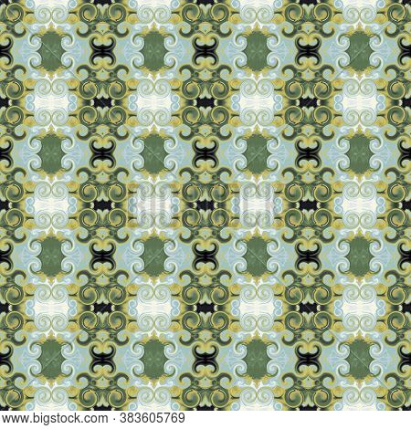Stylized Baroque Ornament With Scrollworks And Circle Motifs. Fern Green, Mint, Gold, Colored Seamle