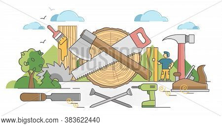 Woodworking Process And Carpentry Craftsman Occupation Scene Outline Concept. Professional Wood Mate