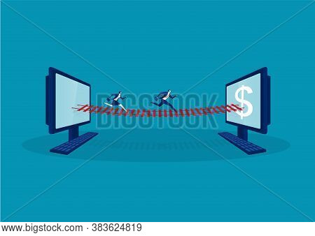 Two Businessman Runs On The Bridge Between Two Computer Invesment  Network Communication Concept .