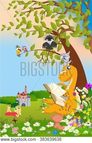 Fairy-tale Composition With A Dragon That Sits Under A Tree And Reads A Book
