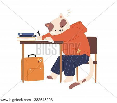 Cat Cub Sleeping At Desk While Studying In School. Cute Animalistic Childish Character Wearing Cloth