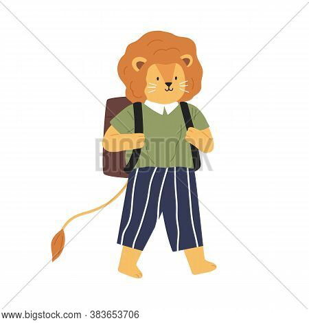 Animalistic Childish Character Or Lion Cub Going To School. Smart Lionet Pupil In Clothes Carry Back