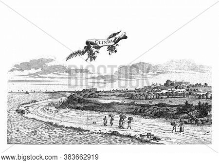View of Olinda, 1637, Jan van Brosterhuyzen, after Frans Jansz Post, 1645 - 1647 View of the city of Olinda, 1637, vintage engraving.