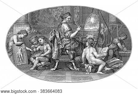 Ceiling piece with the personification of Painting. She is holding a brush and painter's palette in her hands and is working on a painting, vintage engraving.