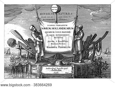 Two fishermen with a sail, On an island in the water, two fishermen hold a sail bearing the title of the series, vintage engraving.