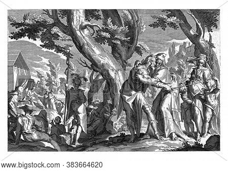 Jetro, Moses' father-in-law, visits him in the desert and advises him on the organization of justice, vintage engraving.