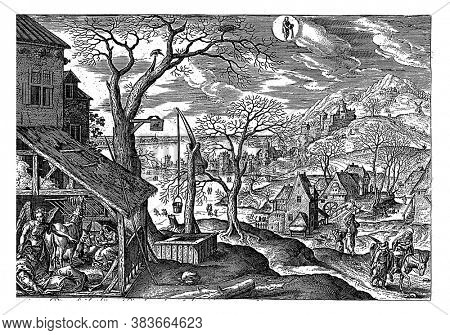 Above center the sign of the zodiac Aquarius. In the bottom left corner the stable where Joseph and his family are sleeping, vintage engraving.