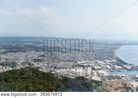 Panoramic Aerial View Of Antalya City From Tunektepe Mountain, Turkey. Horizontal Color Photography.
