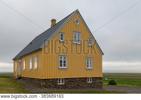 Glaumbaer, Iceland- 25 August 2015: View Of The Askaffi Restaurant In The Open-air Museum. Yellow, W