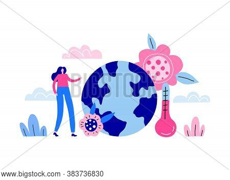 Global Warming, Climate Change Concept Illustration. Tiny Woman Character, Earth Planet And Meteorol
