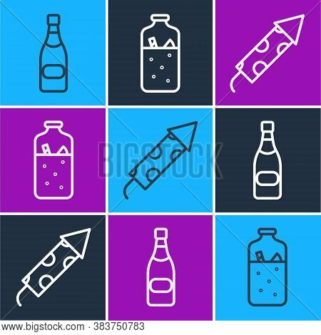 Set Line Champagne Bottle, Firework Rocket And Mulled Wine Icon. Vector