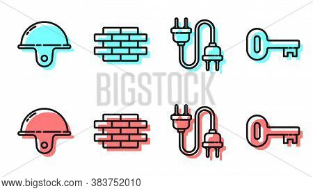 Set Line Electric Plug, Worker Safety Helmet, Bricks And Old Key Icon. Vector